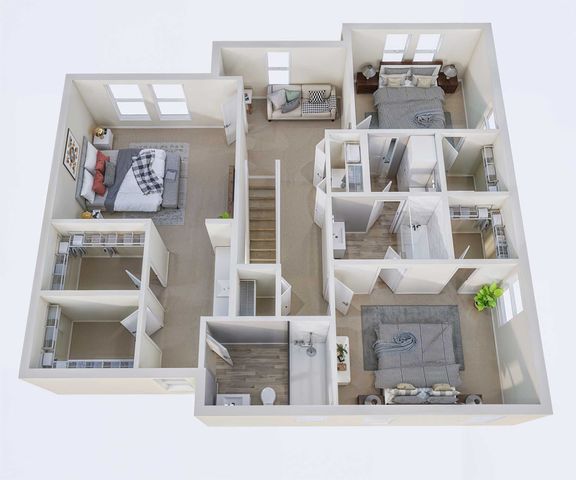 Inviting 3D floor plan showcasing 3 bedrooms, cozy living area, modern bathrooms, and spacious closets, ideal for comfortable living.