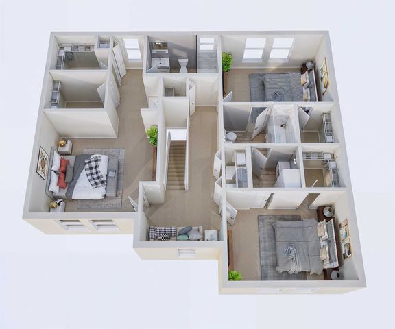 Modern and spacious 3D floor plan featuring three stylish bedrooms, two elegant bathrooms, and ample living spaces for comfort and luxury.