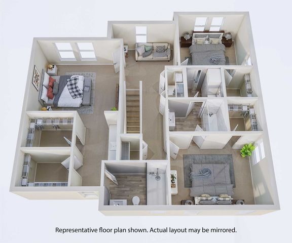 Modern 3D floor plan showcasing three cozy bedrooms, a sleek bathroom, and a welcoming living area with natural light.