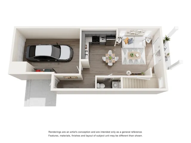 Modern 3D floor plan showcasing an open-concept living area with integrated kitchen, cozy dining space, garage, and inviting lounge with balcony access.