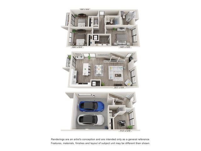 Chic multi-level floor plan showcasing 3 bedrooms, a modern kitchen, an open-concept living and dining area, plus a convenient garage space.