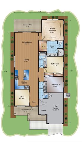 Elegant floor plan showcasing 3 bedrooms, a modern kitchen with dining area, and a cozy office, complete with a spacious living room and covered patio.