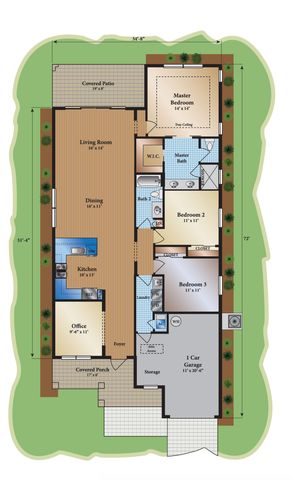 Charming floor plan showcasing a cozy layout with 3 bedrooms, spacious living and dining areas, modern kitchen, office space, and a covered patio.