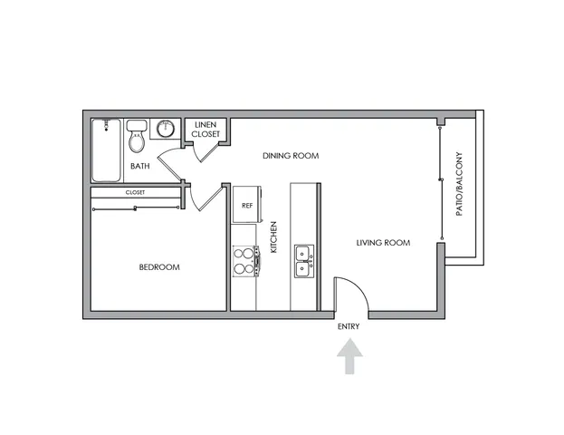 Modern floor plan featuring a spacious bedroom, integrated kitchen, and living room with access to a patio. Includes a full bath and ample storage options.