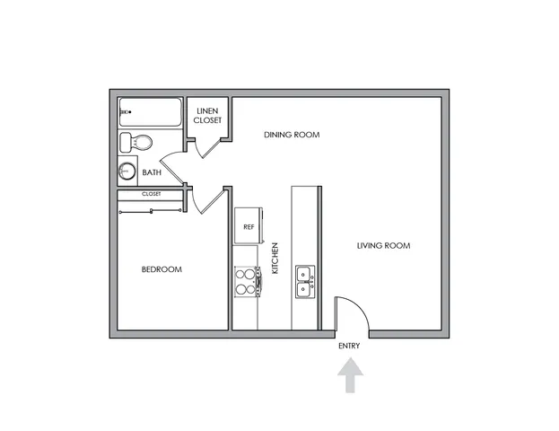 Modern and efficient 1-bedroom apartment floor plan with open-concept living room and kitchen, plus convenient storage options.