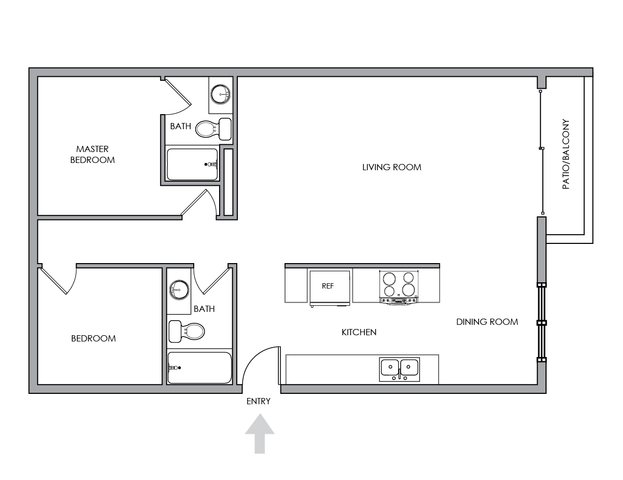Contemporary 2D floor plan featuring a spacious living room, two bedrooms including a master suite, modern kitchen with dining area, and a private patio balcony.