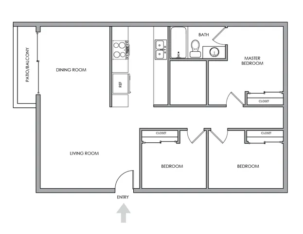 Crisp floor plan showcasing a spacious layout with three bedrooms, inviting living room, modern kitchen, and a cozy patio balcony.