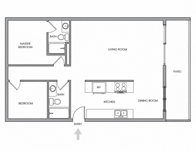 Modern floor plan showcasing 2 bedrooms, spacious living room, and open kitchen with dining area leading to a patio.