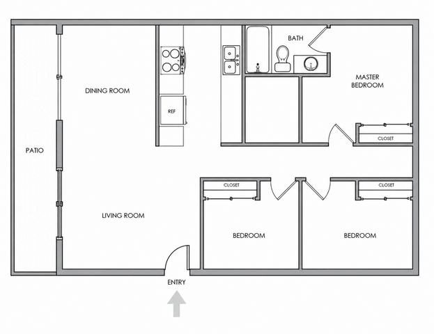 Modern floor plan featuring 3 bedrooms, 1 bath, and an open-concept living and dining area with patio access.