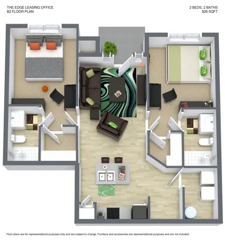 The Edge Leasing Office B2 floor plan showcasing 2 spacious bedrooms, a modern open-concept living room, and a stylish kitchen, 926 sqft.