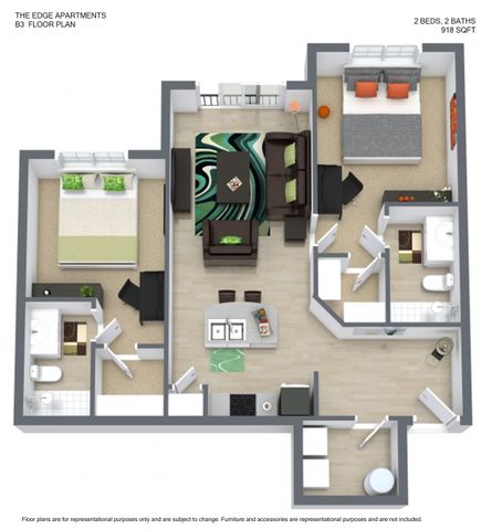 Modern 3D floor plan of The Edge Apartments B3, showcasing 2 bedrooms, stylish open-plan living area, and sleek kitchen design, spanning 918 square feet.