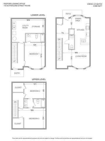 Elegant three-level floor plan showcasing 3 bedrooms and 2.5 baths. Features an open-concept living room, modern kitchen with adjacent dining area, and a cozy patio. Includes a spacious utility room and additional storage on the lower level. Perfect for stylish, comfortable living in 2,088 sq ft.