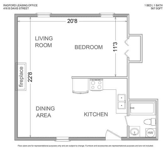 Inviting 1-bedroom, 1-bathroom floor plan featuring a cozy living room with fireplace, dining area, and modern kitchen at Radford Leasing Office.