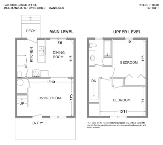 Modern two-level floor plan featuring 2 bedrooms, 1 bath, and a spacious living and dining area with kitchen access to a deck, totaling 821 sq ft.