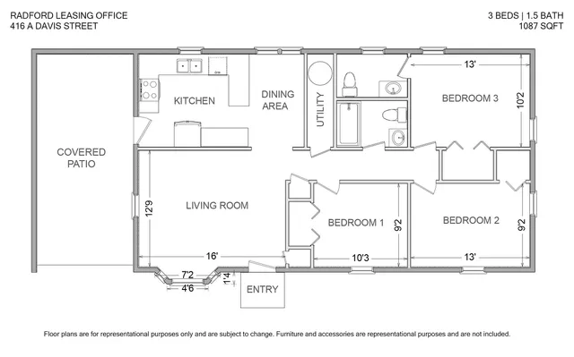 416 A Davis Street has 3 bedrooms, 1.5 baths, spacious living room, dining area, kitchen, utility space, and a covered patio in 1087 sq ft.