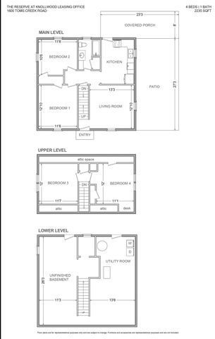 Spacious three-level floor plan featuring 4 bedrooms and a charming patio. The main level offers a cozy living room, a kitchen, and two bedrooms. Upper level includes additional two bedrooms with attic spaces, and the lower level presents a generous unfinished basement with a utility room. Total area is 2235 sq ft.