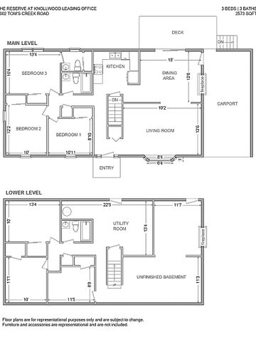 Expansive 3-bed, 2-bath floor plan at The Reserve at Knollwood showcasing a main level with a spacious living room, modern kitchen, and inviting dining area, plus an unfinished lower level with a utility room.