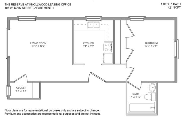 Charming floor plan at 406 West Main Street, featuring a cozy 1-bedroom suite with a spacious living room and functional kitchen, totaling 421 sq ft.