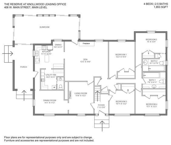 Elegant main level floor plan at 406 West Main Street featuring 4 spacious bedrooms, 2.5 baths, a sunroom, and open living areas with fireplace, all within 1,853 sq ft.