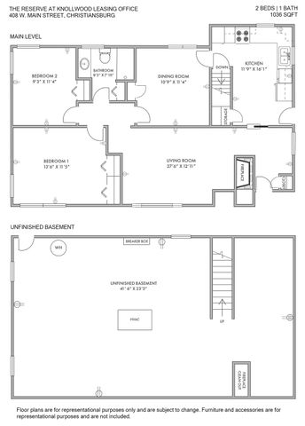 Versatile 2-bedroom floor plan at 408 West Main Street, featuring an open living room with a fireplace, spacious kitchen, dining area, and unfinished basement space for customization in Christiansburg, 1036 sq ft.