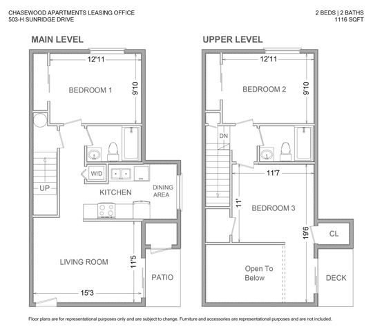 Modern floor plan showcasing 2 bedrooms and 2 baths over two levels, including a spacious living room, open kitchen with dining area, and private patio.
