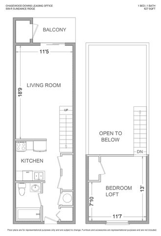 1-bedroom loft floor plan with a spacious living room, modern kitchen, and inviting balcony at Sundance Ridge, 627 sq ft.