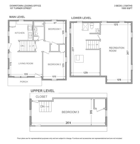 Charming 3-bedroom floor plan at 107 Turner Street featuring a cozy kitchen, inviting living room, and spacious recreation room over 1000 sqft.