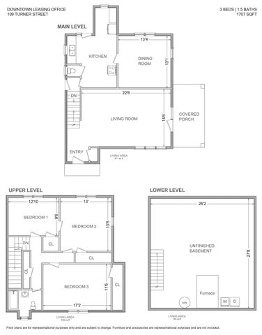 Charming three-level floor plan with 3 bedrooms and 1.5 baths; main level features an open living room, elegant dining area, and modern kitchen leading to a covered porch. Upper level includes three cozy bedrooms, while the lower level showcases a spacious unfinished basement. Total area is 1707 sq ft at 109 Turner Street.