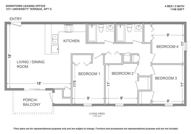 Modern floor plan featuring 4 bedrooms, 2 bathrooms, a spacious living/dining area, a well-equipped kitchen, and a porch/balcony in 1146 sqft.