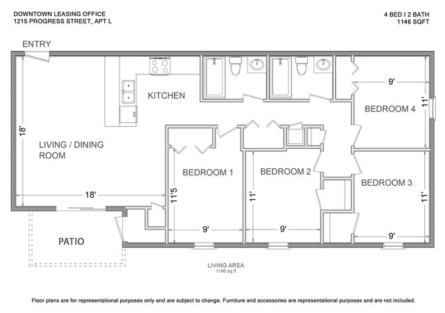 Inviting floor plan for a 4 bed, 2 bath apartment at Downtown Leasing Office, featuring an open living/dining area, modern kitchen, and private patio, covering 1146 sq ft.