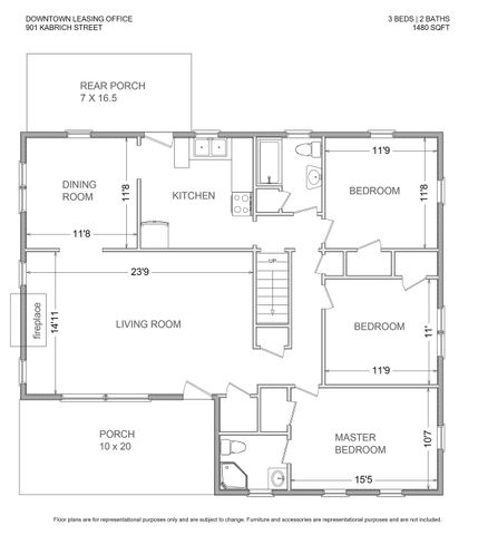 Charming 3-bedroom, 2-bath layout with a cozy living room, spacious dining room, and modern kitchen, featuring a rear porch and inviting fireplace for ultimate comfort.