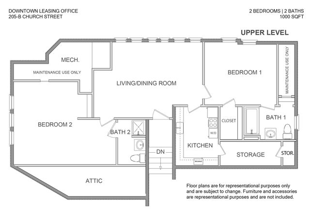 Modern floor plan showcasing 2 bedrooms, 2 baths, and a spacious living/dining area. Features include a well-equipped kitchen, ample storage, and attic space in a 1000 sq ft layout.