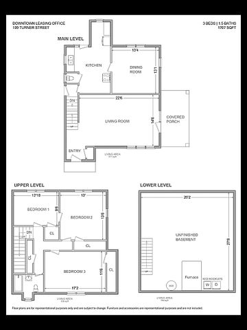 Spacious 3-bedroom floor plan at Downtown Leasing Office, featuring an inviting main level with a kitchen, dining room, and large living room leading to a covered porch. Upper level includes three cozy bedrooms and a bath, while the lower level offers an expansive unfinished basement with convenient laundry hookups.