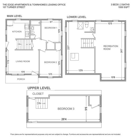 Versatile 3-level floor plan showcasing 3 bedrooms, a cozy kitchen, open living room, and a spacious recreation room, totaling 1000 sq ft.