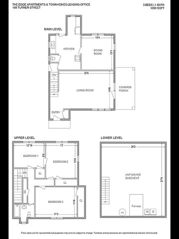 Charming floor plan of 109 Turner St featuring 3 bedrooms, 1 bath, and a spacious dining room. Highlights include a stylish main level with kitchen, living area, and covered porch, an upper level with cozy bedrooms, and a vast unfinished basement, all within 1000 sq ft.