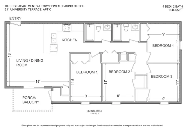 Modern floor plan showcasing 4 bedrooms, 2 bathrooms, a spacious kitchen, and an inviting living/dining area, complete with porch/balcony in 1146 sq ft.