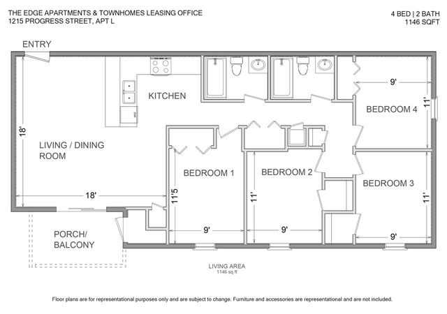 Modern 4-bedroom, 2-bathroom apartment floor plan featuring a spacious living and dining area, open-concept kitchen, and inviting porch/balcony, covering 1146 sq ft for comfortable living.