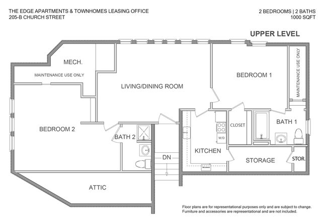 Inviting floor plan showcasing upper-level living with 2 bedrooms, 2 baths, a modern kitchen, and a combined living/dining room, totaling 1000 sq ft.