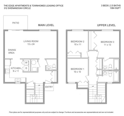 Impressive two-level floor plan at 312 Shenandoah Circle featuring 3 bedrooms and 2.5 baths across 1364 sq ft, with an expansive living room, modern kitchen, and cozy patio.