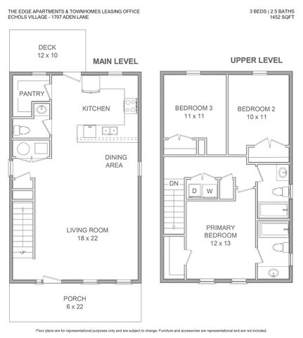 Modern floor plan for 1707 Aden Lane featuring 3 bedrooms and 2.5 baths across two levels, with a spacious living room, sleek kitchen, and cozy dining area on the main level, plus a large deck and inviting porch.