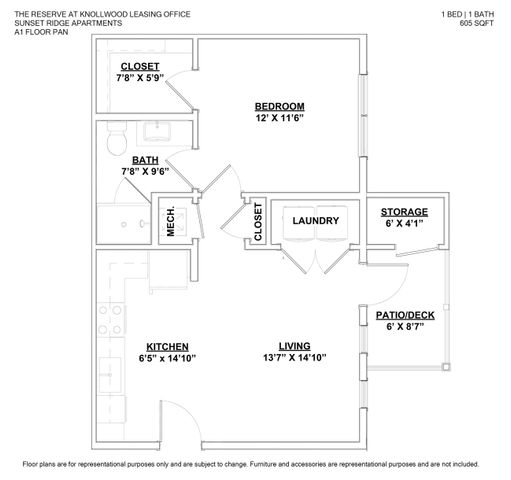 Charming 1-bedroom apartment floor plan at Sunset Ridge, featuring a spacious living area, modern kitchen, and private patio with ample storage.