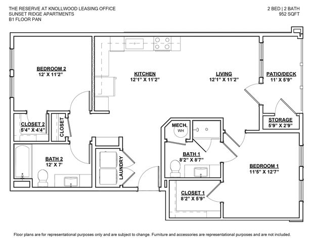 Sunset Ridge Apartments B1 floor plan showcasing 2 bedrooms, spacious kitchen, open living area, 2 modern bathrooms, and a peaceful patio in a 952 sq ft layout.