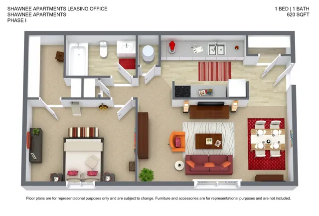 Charming Shawnee Apartments floor plan showcasing 1 bedroom, 1 bathroom, modern kitchen, and inviting living area in 620 sq ft.