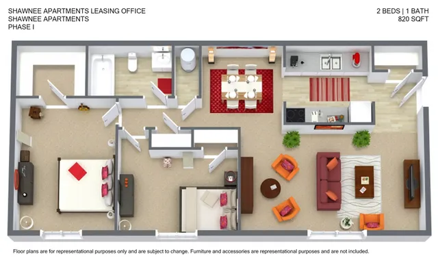 Charming 3D floor plan of Shawnee Apartments showcasing 2 elegant bedrooms, a modern kitchen, and a cozy living space. Includes stylish dining area and spacious bathroom, spanning 820 square feet.