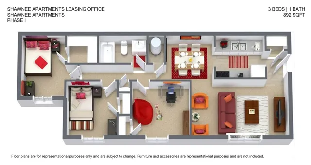 Shawnee Apartments Phase I floor plan showcasing 3 bedrooms, 1 bath, open kitchen, inviting dining area, and spacious living room, 892 sq ft.