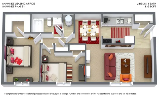 Bright 2D floor plan featuring 2 cozy bedrooms, a modern kitchen, and an inviting living room in an 835 sq ft layout.