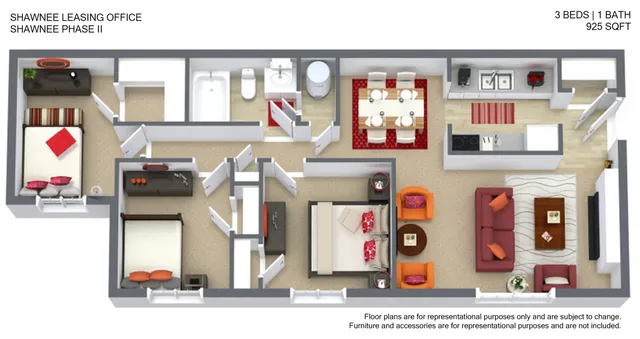 Chic 3-bedroom, 1-bathroom floor plan featuring a cozy living room, modern kitchen, and elegant dining area in 925 sqft. Ideal for stylish living in Shawnee Phase II.