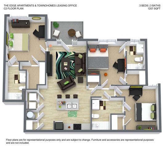 Modern 3D floor plan of The Edge Apartments showcasing 3 spacious bedrooms, an elegant living room, and a sleek kitchen with island dining, 1207 sq ft.
