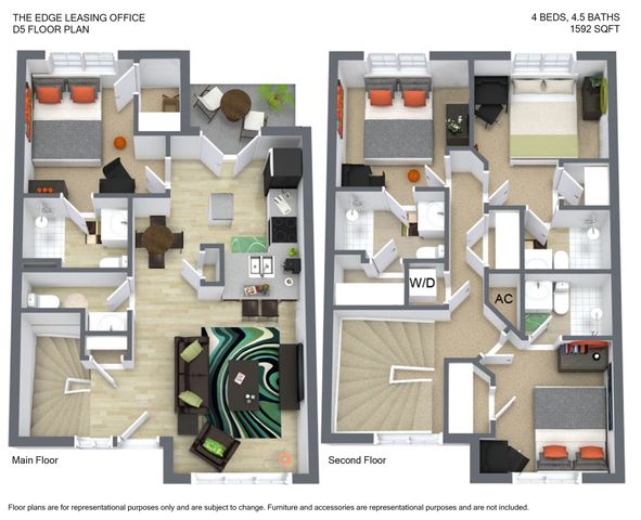 Stylish townhouse floor plan featuring 4 bedrooms, 4.5 baths, spacious living area, modern kitchen, and cozy outdoor space, totaling 1592 sqft.
