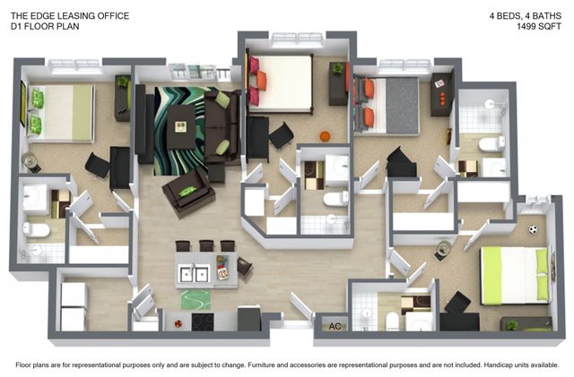 Elegant D1 floor plan showcasing 4 bedrooms and 4 bathrooms across 1499 sq ft, featuring a modern open-concept living area and spacious kitchen at The Edge Leasing Office.